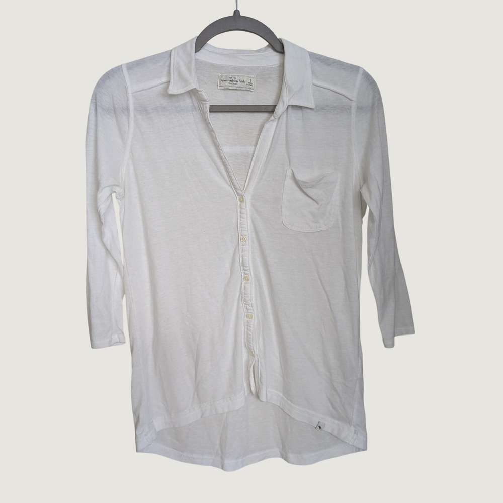 2000s Abercrombie & Fitch 3/4 Sleeve Button Up Slub Knit Shirt White Small